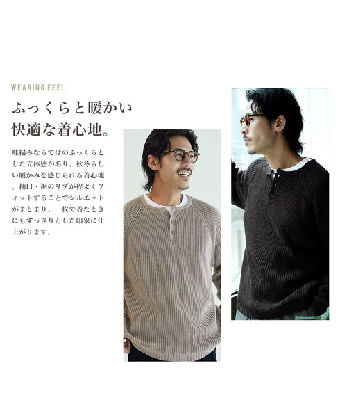 ヘンリーネック畦ニット│メンズ ニット ヘンリー ボタン シンプル ワッフル編み