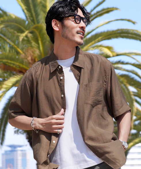 接触冷感半袖シャツ | メンズ リネンシャツ 半袖シャツ 麻 涼しい ひんやり 接触冷感 テレワーク 肌ざわり 薄手 ボタンシャツ 胸ポケット ストレッチ 無地 カジュアル リゾート 夏服 春夏 20代 30代 40代