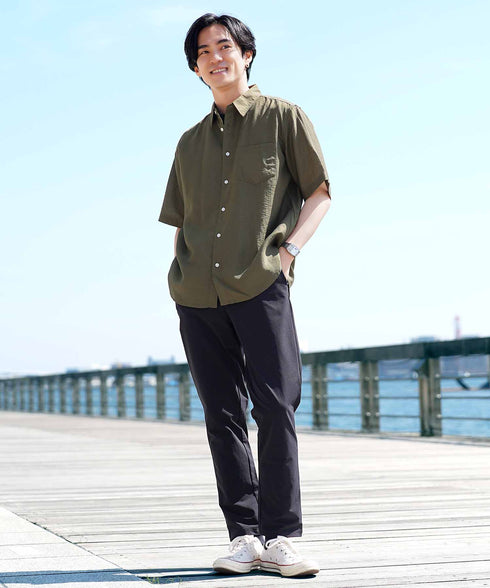 接触冷感半袖シャツ | メンズ リネンシャツ 半袖シャツ 麻 涼しい ひんやり 接触冷感 テレワーク 肌ざわり 薄手 ボタンシャツ 胸ポケット ストレッチ 無地 カジュアル リゾート 夏服 春夏 20代 30代 40代