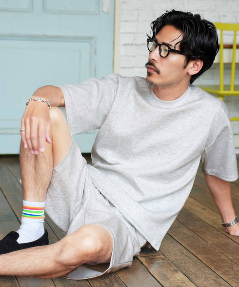 半袖裾ドローコードTシャツ+ショートパンツ サマーセットアップ | メンズ 上下セット 2点セット ドライタッチ ゆったり リラックス タウン リゾート ハーフパンツ イージーウエスト ブラック オートミール 夏服 春夏 20代 30代 40代