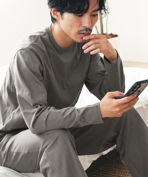 腹巻付きパジャマ | メンズ パジャマ ルームウェア 腹巻一体型 上下セット コットン100 綿100 吸汗 冷え対策 お腹 ゆったり リラックス 寝巻き 部屋着 グレー チャコールグレー アッシュブラウン 秋服 冬服 20代 30代 40代