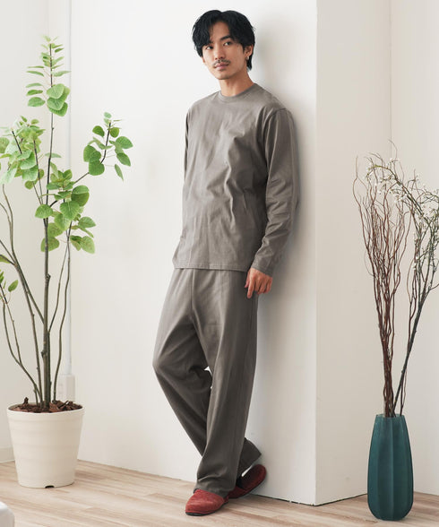 腹巻付きパジャマ | メンズ パジャマ ルームウェア 腹巻一体型 上下セット コットン100 綿100 吸汗 冷え対策 お腹 ゆったり リラックス 寝巻き 部屋着 グレー チャコールグレー アッシュブラウン 秋服 冬服 20代 30代 40代