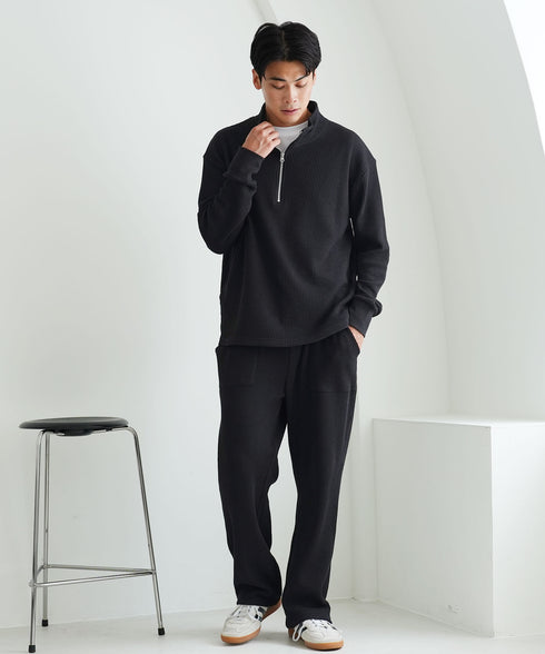 サーマルワッフルスタンドネックハーフジップロンT | メンズ 長袖Tシャツ ロンT ワッフル生地 ハーフジップ スタンドカラー ヘビーオンス 速乾 伸縮性 カジュアル ブラック グレー ホワイト アイボリー ネイビー カーキ 秋服 冬服 20代 30代 40代