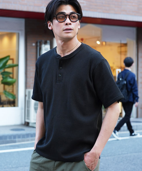 オーガニックコットンサーマルヘンリーネックTシャツ