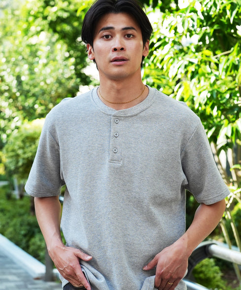 オーガニックコットンサーマルヘンリーネックTシャツ
