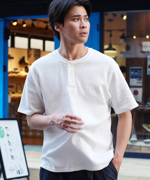 オーガニックコットンサーマルヘンリーネックTシャツ