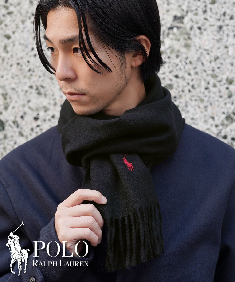 美品POLO RALPH LAURENリサイクルウールマフラーブラック/レッド POLO RALPH LAUREN（ポロ・ラルフローレン） POLO Ralph Lauren ポロ