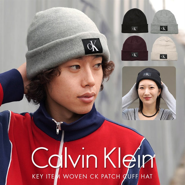 カルバンクライン Calvin Klein KEY ITEM WOVEN CK PATCH CUFF HAT ニット帽 OUTLET SALE_F cts