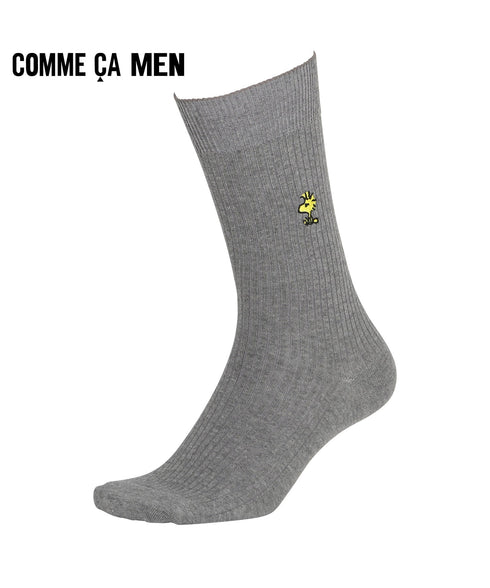 コムサメン COMME CA MEN スヌーピー ウッドストック チャーリーブラウンリブワンポイント刺繍 クルーソックス 【メール便】