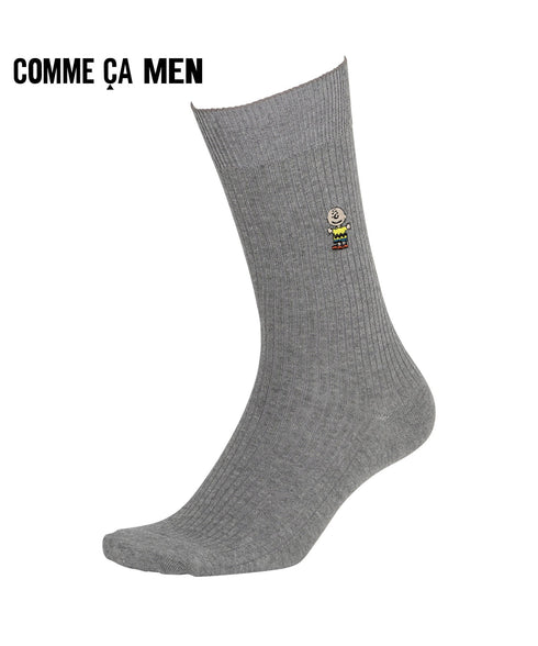 コムサメン COMME CA MEN スヌーピー ウッドストック チャーリーブラウンリブワンポイント刺繍 クルーソックス 【メール便】