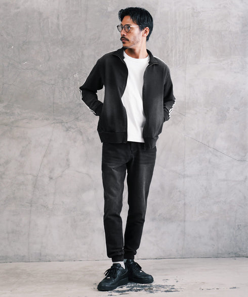 スウェットデニムトラックジャケット セットアップ | トラックジャケット メンズ ブルゾン アウター ジップ デニム スリム スウェット デニムジャケット デニムジャージ サイドライン ラインジャケット ストレッチ 細身