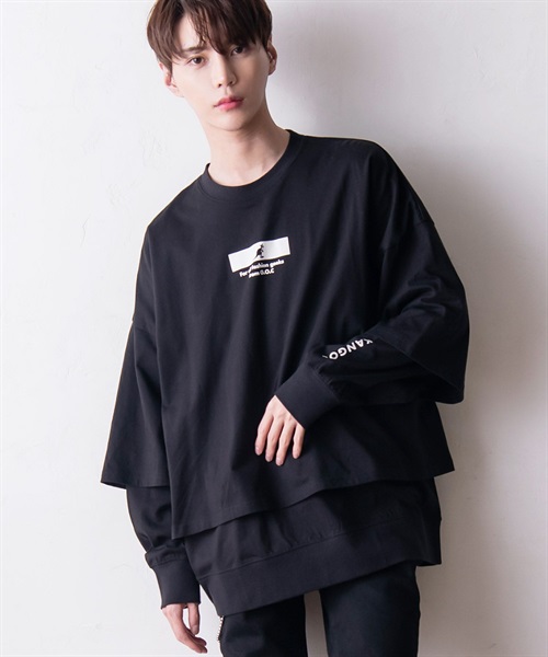 KANGOL(カンゴール) フェイクレイヤードロングTシャツ(ブラック-フリーサイズ)