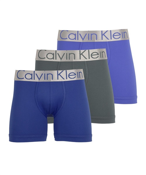 Calvin Klein/カルバンクライン 3枚セット メンズ ロングボクサーパンツ アンダーウェア 下着 前閉じ シンプル かっこいい ツルツル 無地 ロゴ ワンポイント STEEL MICRO 彼(2.ブルーマルチセット-海外M(日本L相当))