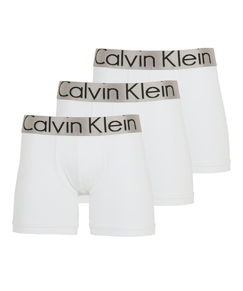 Calvin Klein/カルバンクライン 3枚セット メンズ ロングボクサーパンツ アンダーウェア 下着 前閉じ シンプル かっこいい ツルツル 無地 ロゴ ワンポイント STEEL MICRO 彼(3.ホワイトセット-海外S(日本M相当))