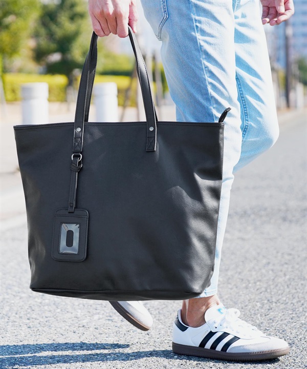 カラー トートバッグ  | メンズ レディース ビジネス 旅行 鞄 合皮 フェイクレザー 大容量(ブラック-フリーサイズ)