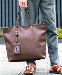 カラー トートバッグ  | メンズ レディース ビジネス 旅行 鞄 合皮 フェイクレザー 大容量 (ブラウン-フリーサイズ)