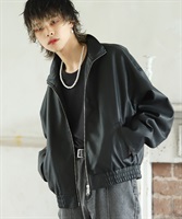 エコレザーオーバーサイズジップアップジャケット│GOC メンズ レディース ユニセックス 韓国系ファッション(ブラック-M)