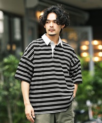 先染めボーダーラガーシャツ(ブラック-M)