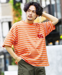 先染めボーダーポケ付きサガラ刺繍Tシャツ(オレンジ-M)