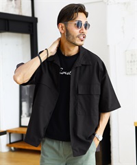 麻レーヨンCPOオープンカラーシャツ(チャコールグレー-M)
