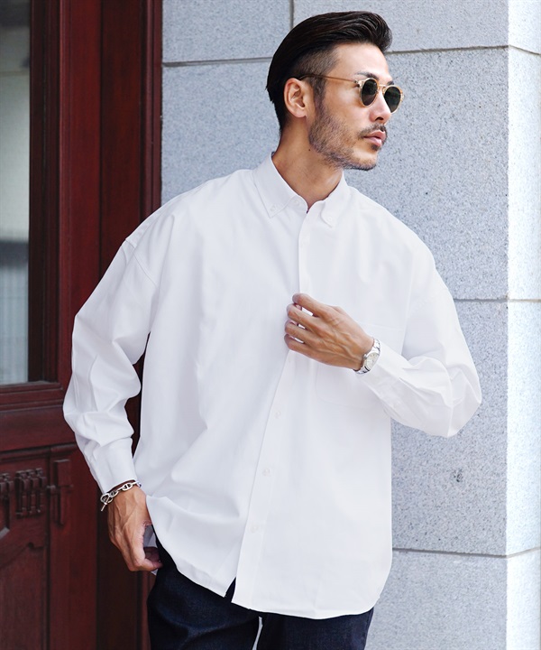 オックスフォード 長袖 シャツ オーバーサイズ ビッグシャツ(ホワイト-L)