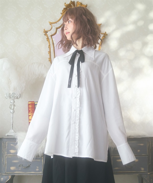 【生産確定】【即日発送】Nanasaiコラボ ハーフフリルロングシャツ(ホワイト-フリーサイズ)