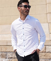 吸湿速乾ホリゾンタルカラーシャツ 長袖シャツ(ホワイト-M)
