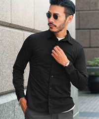 ハイパーストレッチシャツ レギュラーカラー ノンストレスシャツ(ブラック-M)