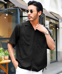リネンライク オープンカラー 半袖シャツ(ブラック-M)
