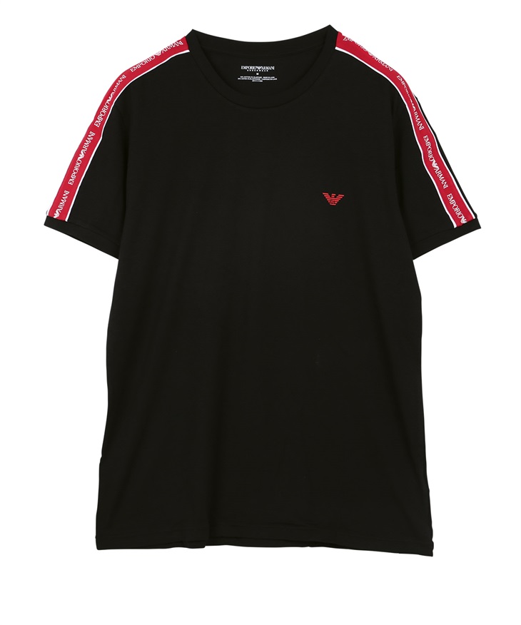 エンポリオ アルマーニ EMPORIO ARMANI CORE LOGO メンズ クルーネック 半袖 Tシャツ 綿 かっこいい サイドライン 高級 ブランド ロゴ(2.ブラック-海外S(日本M相当))