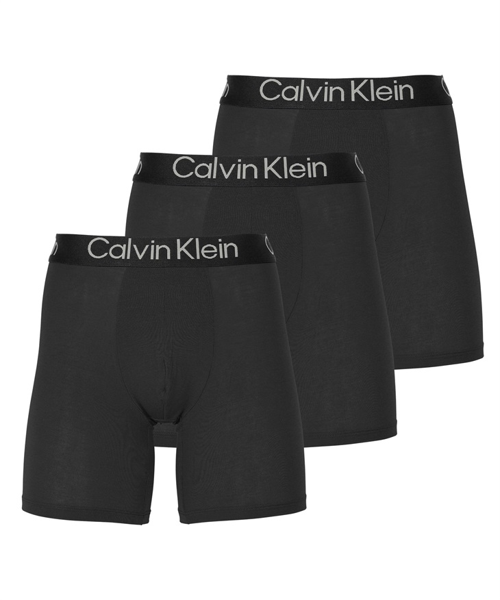 カルバンクライン Calvin Klein 【3枚セット】Eco Pure Modal メンズ ロングボクサーパンツ おしゃれ モダール 通気性 伸縮性 長め 高級 無地 ロゴ(1.ブラックセット-海外S(日本M相当))