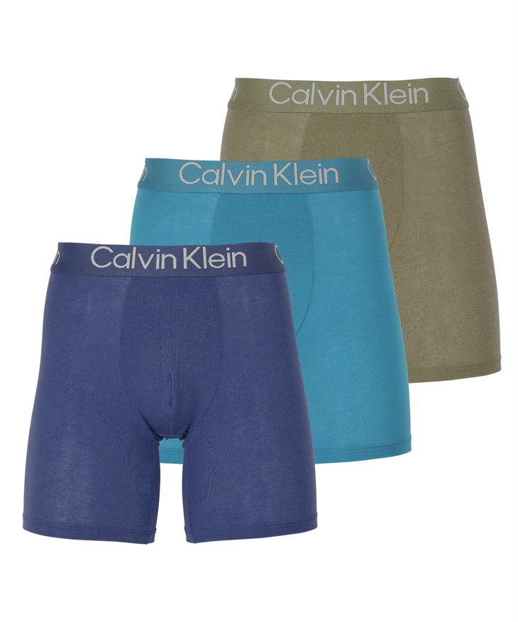 カルバンクライン Calvin Klein 【3枚セット】Eco Pure Modal メンズ ロングボクサーパンツ おしゃれ モダール 通気性 伸縮性 長め 高級 無地 ロゴ(3.ブルーシャドウセット-海外S(日本M相当))