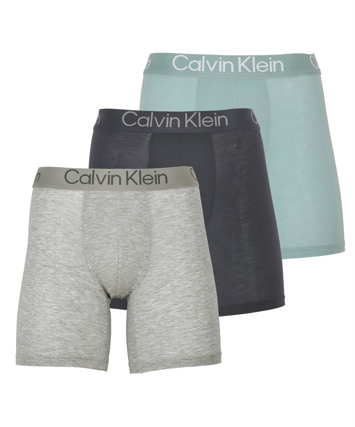 カルバンクライン Calvin Klein 【3枚セット】Eco Pure Modal メンズ ロングボクサーパンツ おしゃれ モダール 通気性 伸縮性 長め 高級 無地 ロゴ(5.スリークグレーセット-海外S(日本M相当))