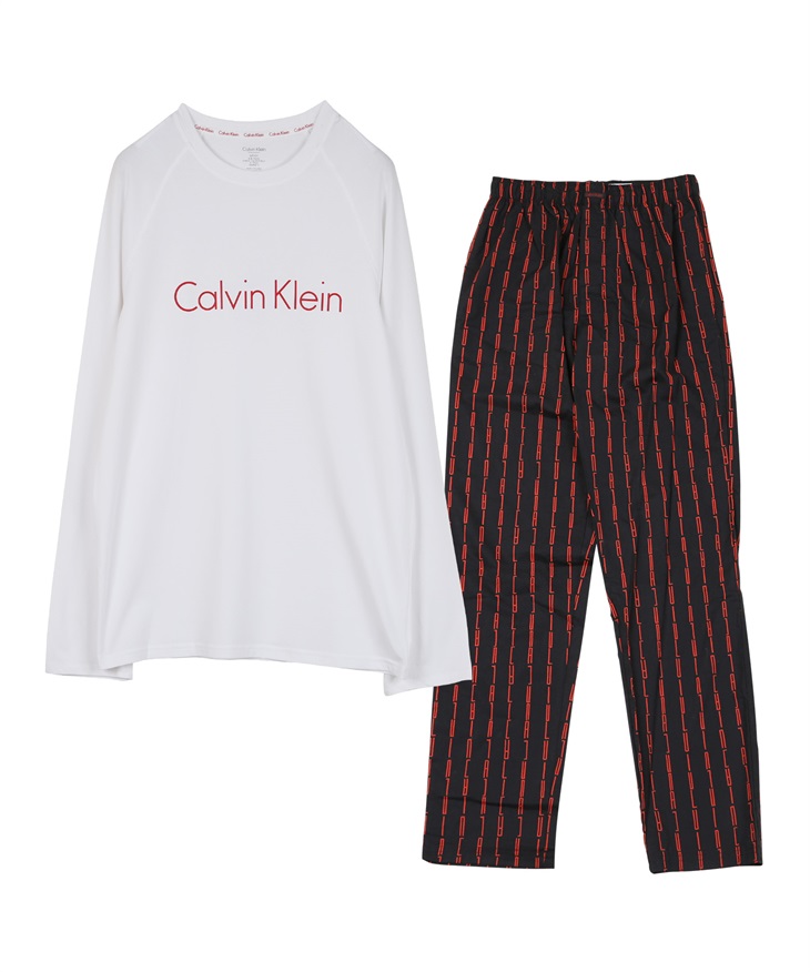 カルバンクライン Calvin Klein Holiday Sets メンズ ロンT＆パンツセット おしゃれ ルームウエア 部屋着 セットアップ 上下 ストライプ(1.ホワイトレッドセット-海外S(日本M相当))