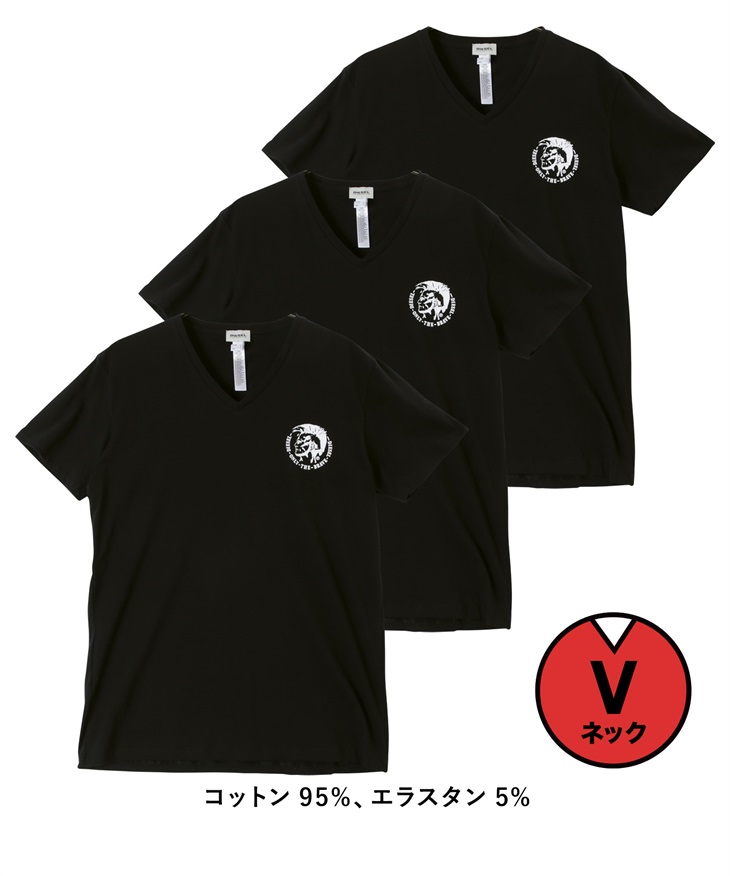 ディーゼル DIESEL 【3枚セット】Essentials メンズ 半袖 Tシャツ ギフト ラッピング無料 綿100 コットン かっこいい ロゴ ワンポイント 無地(10.VTブラックセット-海外XS(日本S相当))