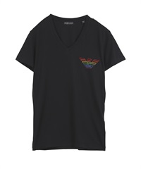 エンポリオ アルマーニ EMPORIO ARMANI RAINBOW LOGO  メンズ Vネック 半袖 Tシャツ(2.ブラック-海外S(日本M相当))