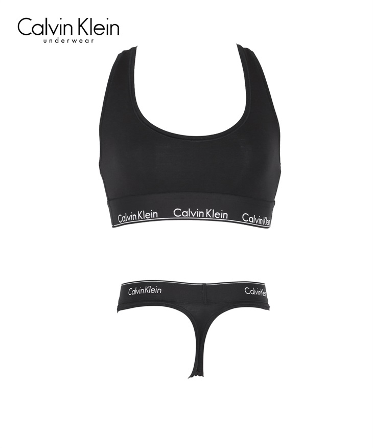 カルバンクライン Calvin Klein Modern Cotton レディース ブラ＆ショーツ 上下セット(6WAブラックTバックセット-ブラ海外M×パンツ海外S)
