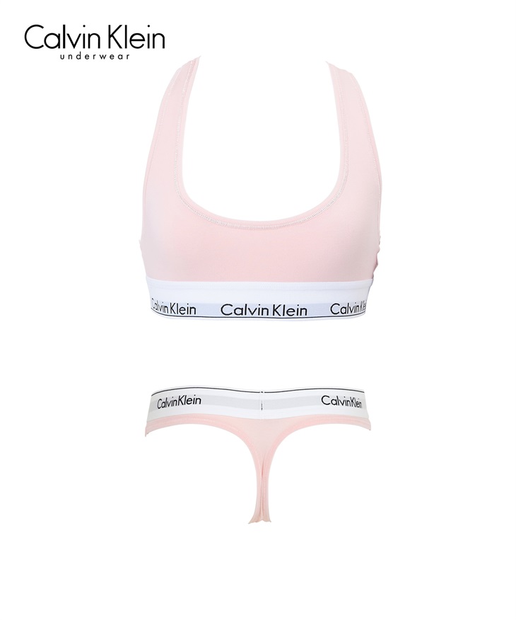 カルバンクライン Calvin Klein Modern Cotton レディース ブラ＆ショーツ 上下セット(NピンクTバックセット-ブラ海外XL×パンツ海外XL)