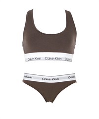 カルバンクライン Calvin Klein MODERN COTTON NATURALS レディース ブラ＆ショーツ 上下セット 綿 スポブラ ブラショーツ 綿 ロゴ 無地(1.ウッドランドセット-ブラ海外XS×パンツ海外XS)