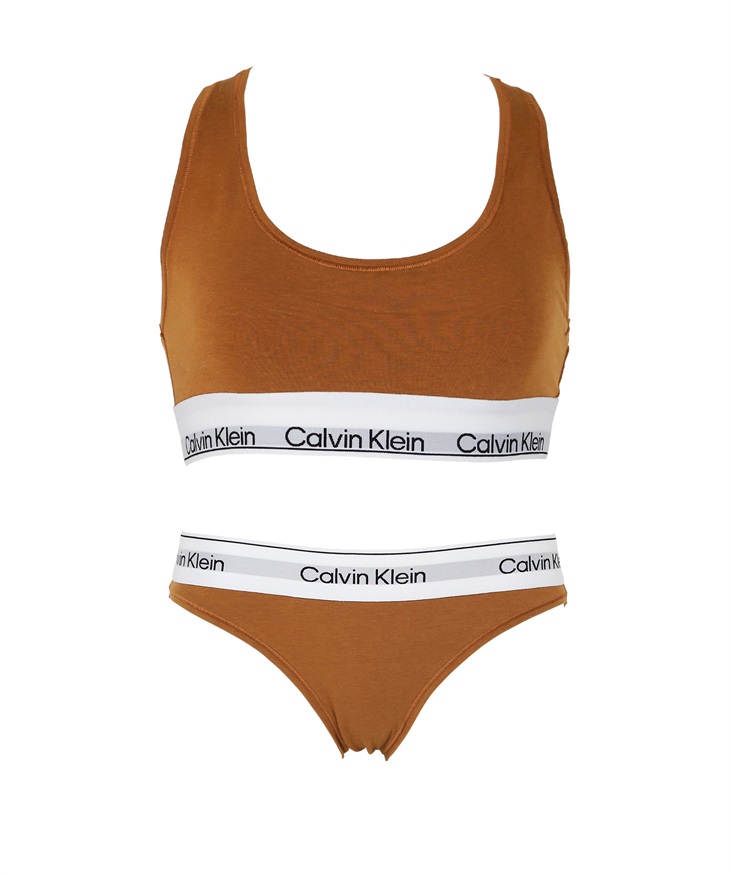 カルバンクライン Calvin Klein MODERN COTTON NATURALS レディース ブラ＆ショーツ 上下セット 綿 スポブラ ブラショーツ 綿 ロゴ 無地(2.ウォームブロンズセット-ブラ海外XS×パンツ海外XS)