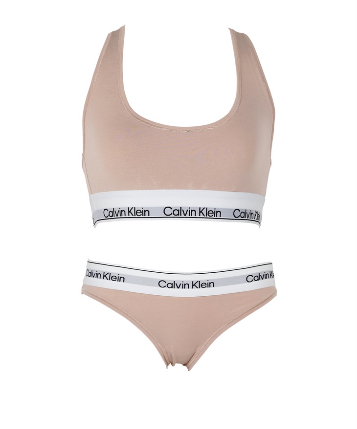 カルバンクライン Calvin Klein MODERN COTTON NATURALS レディース ブラ＆ショーツ 上下セット 綿 スポブラ ブラショーツ 綿 ロゴ 無地(4.シダーセット-ブラ海外XS×パンツ海外XS)