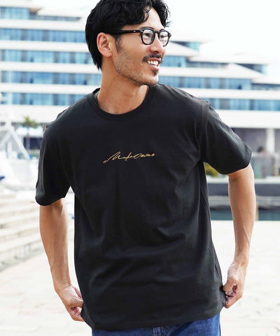 刺繍ロゴTシャツ│メンズ Tシャツ 刺繍 夏 半袖 綿100％ コットン100  ワインポイントホワイト ブラック サーフ系 ストリート系 ロゴ クルーネック ユニセックス