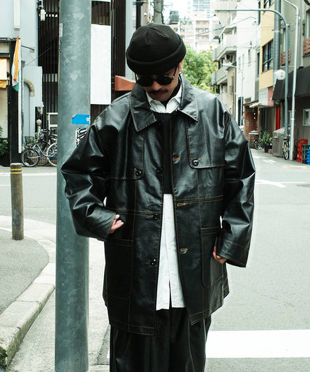 フェイクレザー ウエスタンヨーク 配色ステッチ ミドル丈 カーコート