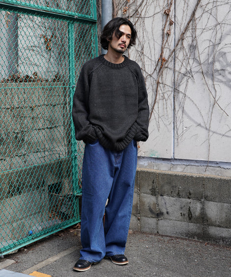 ハンド編みライク アウトリンキング ラグランスリーブ クルーネックニット