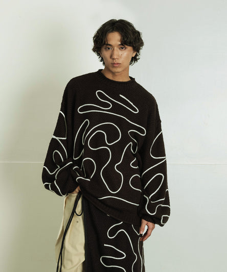 ライン刺繍 透かし編み クルーネックニット