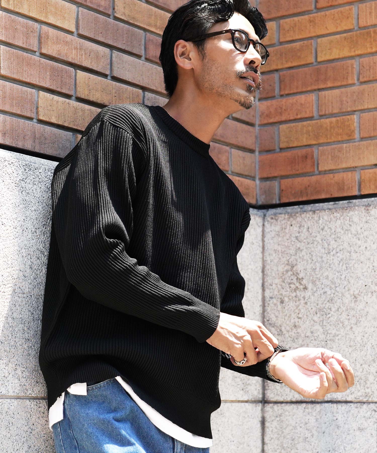 STONE  大きめ　ワッフルニット クルーネック パフカル ウォッシュ ワッフル ニット セーター メンズ クルーネック