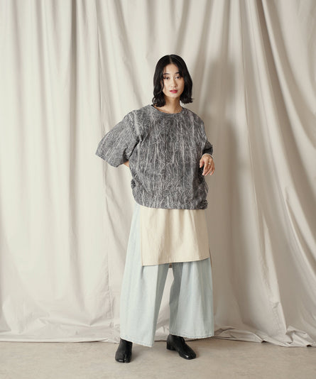 ムラ染め クラッシュプリーツ H/S クルーネック プルオーバー