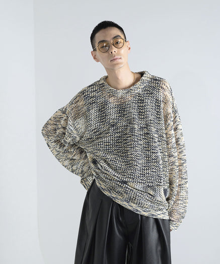 クルーネック ループヤーン段染め 透かし編み LSニット