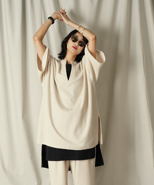 ドビーワッフル サイドスリット キーネック ロング丈 HS ボクシーTシャツ/カットソー