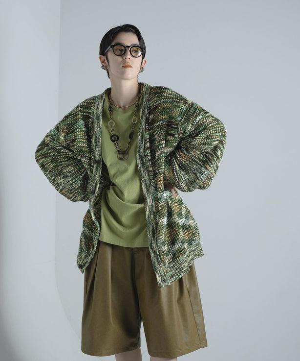 Vネック ループヤーン段染め 透かし編み LSカーディガン